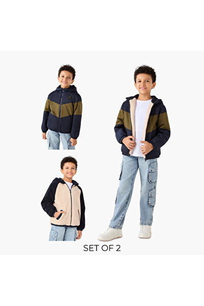 Juniors Colourblock Hooded Heavy Jacket with Long Sleeves and Pockets