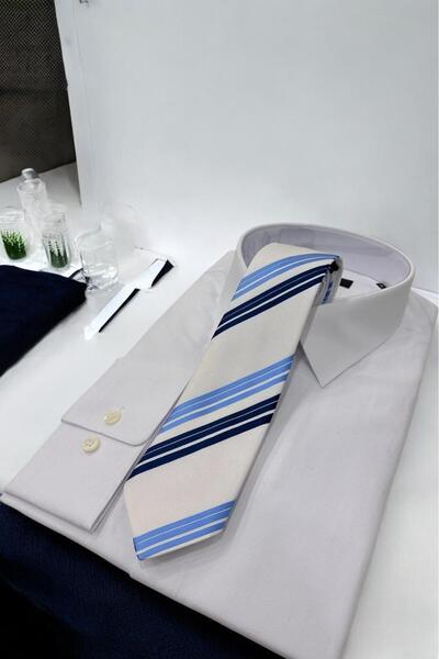 Sarar Microfibre 7 cm Striped White-Blue Tie Kr-76