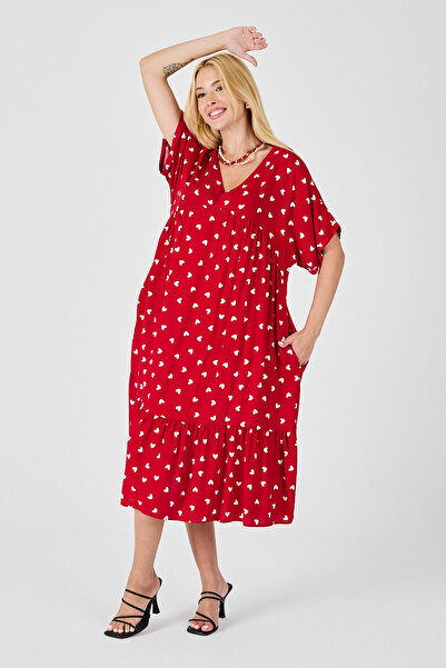 Trend Alaçatı Stili Women's Red V-Neck Oversize Cut Patterned Double Pocket Flounce Dress Vs00835