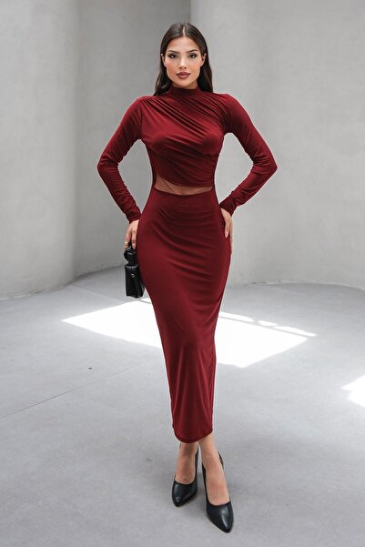 Trend Alaçatı Stili Kadın Bordo Hakim Yaka Drape Detaylı Transparan Elbise Vs...