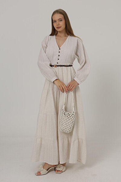 Trend Alaçatı Stili Women's Cream Half Button Front Long Sleeve Belted Dress ...