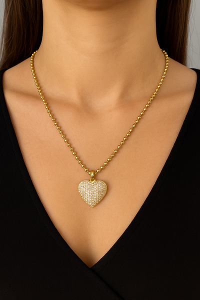 ALYA Taşlı Kalp Figürlü Gold Top Zincir Kolye Çelik Kolye