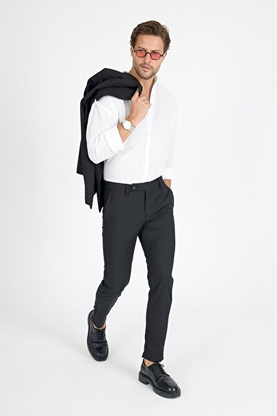 MEOSHE Erkek Premium Siyah Bilek Boy Rahat Kesim Slim Fit Kumaş Pantolon