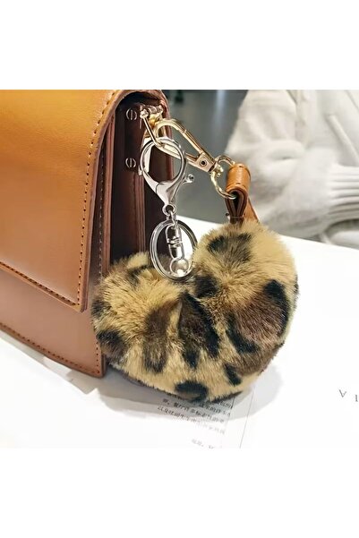 merdümek Peluş leopar kalp çanta charm- çanta aksesuarı- anahtarlık