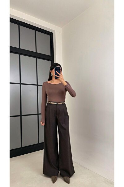 Gaus بنطلون قماش منقوش بتفاصيل طيات بنية اللون GAUS-00911