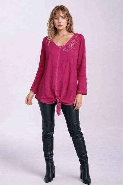 MAMAYAGA Women's Bicycle Collar Stone Pattern 100% Cotton Viscose Long Sleeve Curve Plus Size Blouse