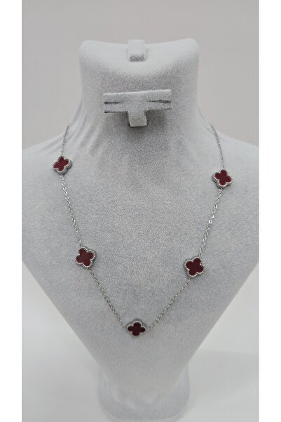 NO NAME Bordo Taşlı Gümüş Renk Çift Taraflı Yonca Kolye