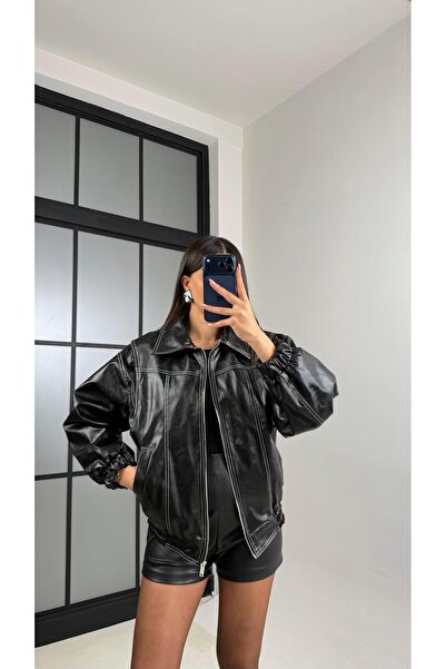 Gaus Black Stitch Detailed Lined Leather Jacket Gaus-00908