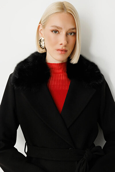 Ekol Sheepskin Collar Waist Belted Coat