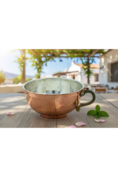 Bakır Geleneksel El İşlemesi Dekoratif Pirinç Kulplu Ayran ve Su Tası 400ml El Yapımı (6,5cmx12cm)