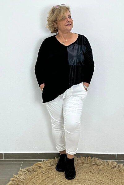 Mia Butik Women's White Sequin Detailed Full Stretch Fabric Jeans