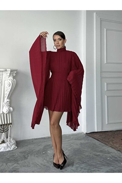 cemo Pileli Pelerin Kollu Midi Elbise