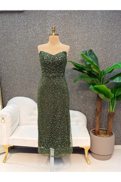 E&A Eren Abiye OLİVE MIDI BOY STRAPLEZ BONCUKLU ISLEMELI ABIYE