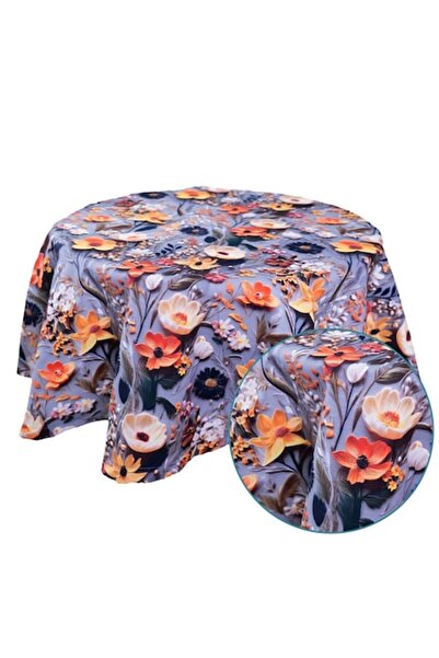 Bosfor Decor Față de masă rotundă, Gri deschis, Model floral, Multicolor, Bum...