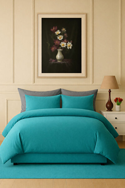 İQON Düz Çarşaflı Nevresim Takımı Çift Kişilik Turkuaz-Gri1