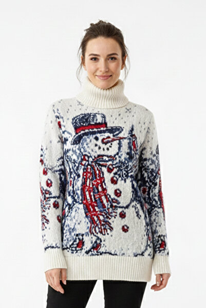 Pulltonic Kadın Balıkçı Yaka Kardan Adam (Yılbaşı) Konseptli Kazak