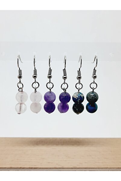 Kusakli طقم أقراط مكون من 3 قطع (كوارتز وردي-أميتيست-فاريسيت)