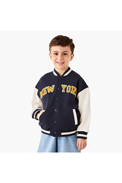 Juniors Text Applique Button Through Bomber Jacket with Long Sleeves