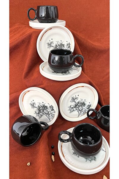 Erbaşlar Siyah Dilek Seri Tombul 12 Parça Lüx Seramik Kahve Fincan Takımı Türk Kahvesi Fincanı