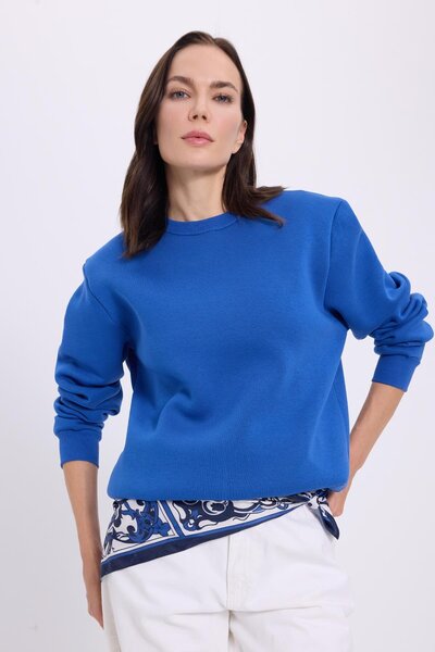 Tudors Women's Oversized wide cut cotton soft textured basic blue crew neck s...
