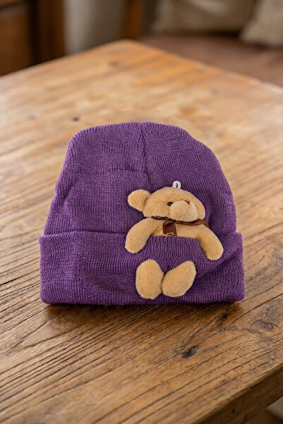 nacar çarşı Căciulă de iarnă pliată pentru copii, mov, drăguță, cu ursuleț de...