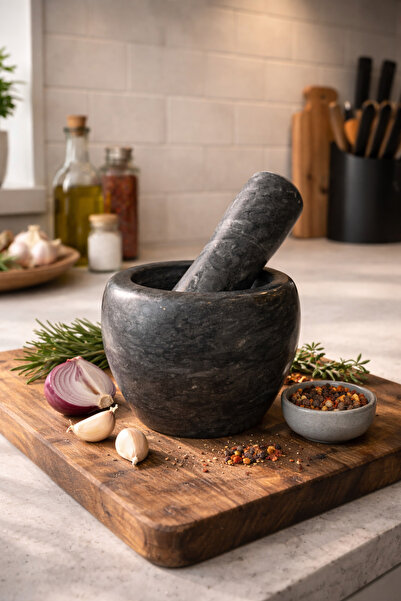 CEZVE HOME Mermer Havan Seti Küçük Sarımsak Havanı -Siyah