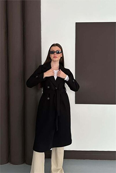 Dipmoda Palton negru de damă cu curea și detalii cu nasturi lungime midi cu c...