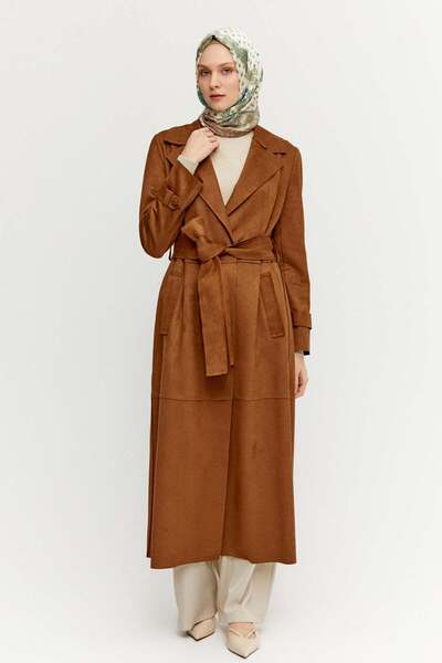 Setrms Kuşaklı Süet Görünümlü Uzun Kap