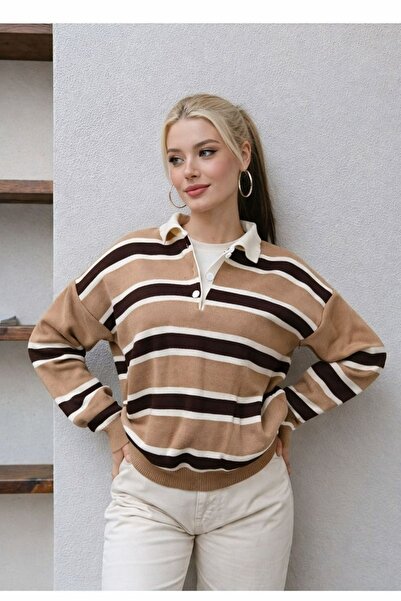 DEMİRBEY TEKSTİL Pulover tricotat pentru femei, cu guler polo, cu nasturi, cu dungi maro