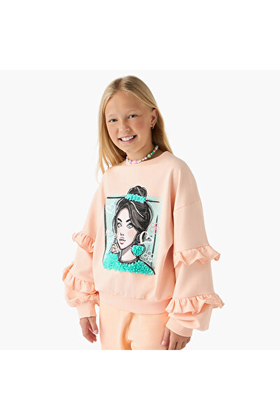 Juniors Graphic Print Sweatshirt with Ruffle Sleeves