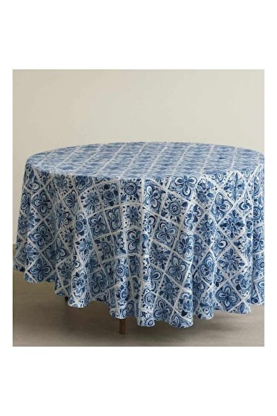 Bosfor Decor Față de masă rotundă - Mozaic floral albastru, bumbac acoperit c...