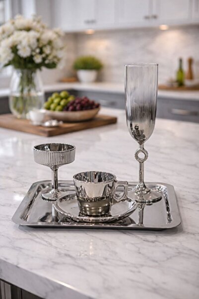 isra kristal طقم تقديم القهوة الفضي - فنجان قهوة فضي، وعاء للحلويات وصينية - طقم قهوة فاخر - طقم قهوة للعريس