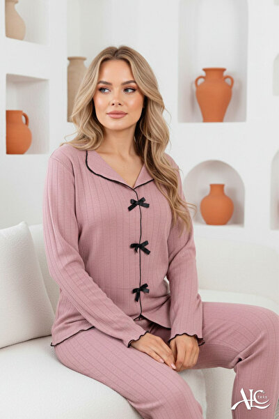 alc teks Women's Pajama Set with Bow Detail, Long Sleeves, Dusty Rose Color, Reported Interlock Fabric.