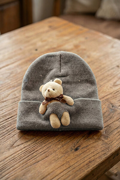 nacar çarşı Дитяча сіра мила плюшева шапка з фігуркою ведмедика, зшита з двох...