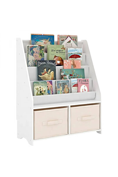 GINGER HOME Organizator pentru copii 2in1 Montessori Alb cu raft pentru carti si jucarii,2 cutii dep