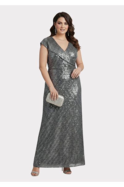 LİLAS XXL Büyük Beden Gri Renkli Payetli Likralı Uzun Abiye
