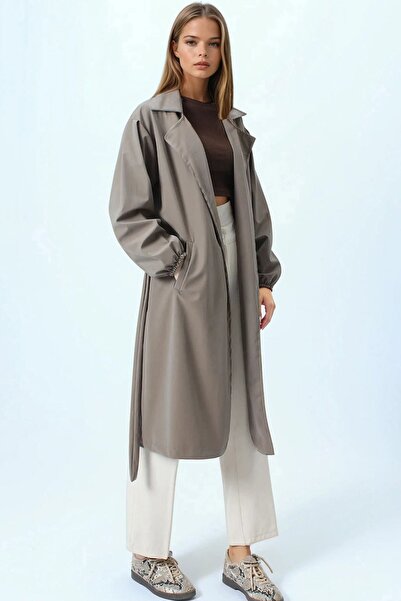 Trend Alaçatı Stili Kadın Vizon Kruvaze Yaka Bağlamalı Kolları Lastikli Trenç...