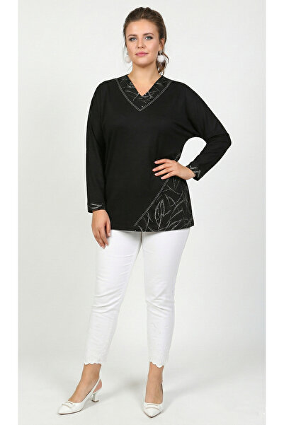 Curvy Trend Parvazlı Yaka Side Paneled Stone Crystal Blouse