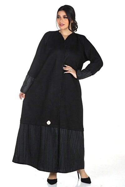 Roza عباية شتوية سوداء من قماش الشامواه وتدخيله تفته مقلم لمعه في الكم مع طرحه مجاناً