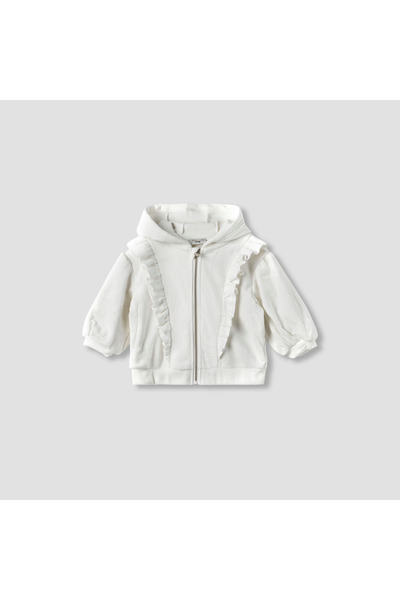 Juniors Ribbed Zip Through Hoodie with Long Sleeves and Ruffle Detail