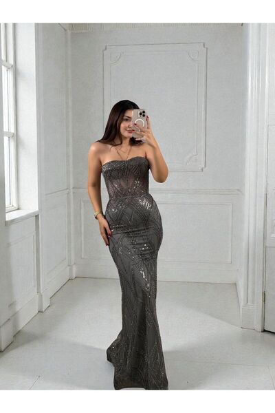 OLA Calis Straplez Transparan Korse Detaylı Kül Rengi Balık Model Elbise