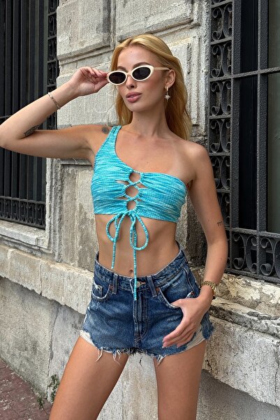 Trend Alaçatı Stili Women's Blue One Shoulder Knit Textured Three Ring Front Drawstring Short Bustier Vs00908