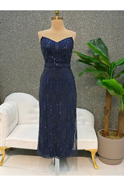 E&A Eren Abiye LACİVERT MIDI BOY STRAPLEZ BONCUKLU ISLEMELI ABIYE