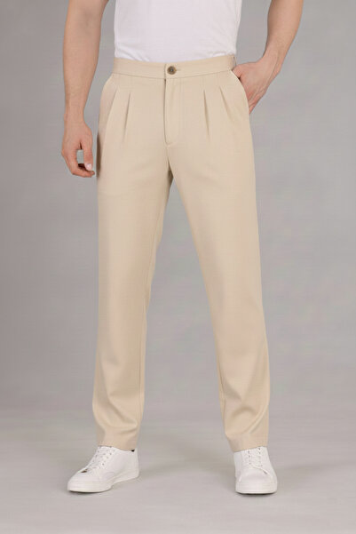 Bürke Double Pleated Beige Elastic Waist Comfortable Loose Fit Baggy Trousers