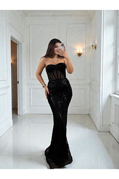 OLA Calis Straplez Transparan Korse Detaylı Siyah Balık Model Elbise