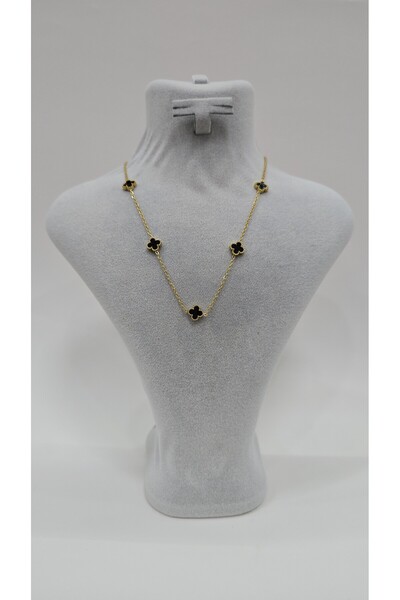 NO NAME Paslanmaz Çelik Siyah Taşlı Gold Renk Çift Taraflı İnce Yonca Kolye