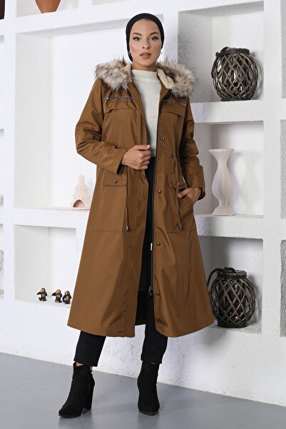Missvalle Stripe Detailed Coat Tan 10360