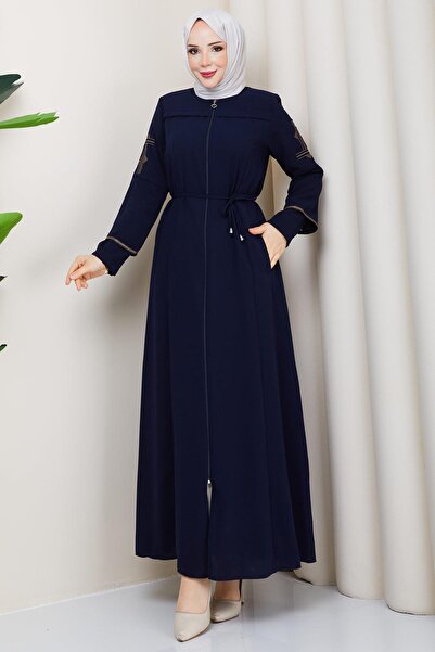 hafsamina Lace-Up Sleeve Embroidered Ferace Navy Blue Hm2854
