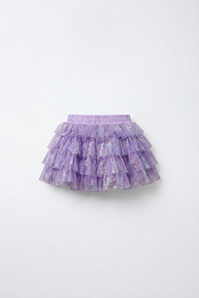 Magu Kız Çocuk Pamuklu Lila Simli Kat Kat Tül Etek - Elastik Belli Fırfırlı Model