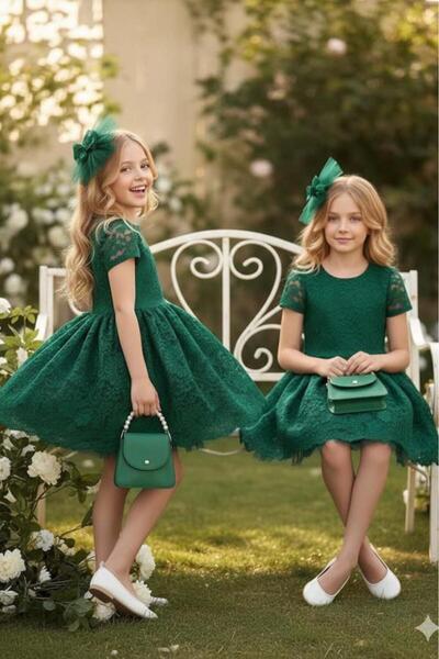 Riccotarz Girl's Lace Embroidered Lined Glitter Green Evening Dress